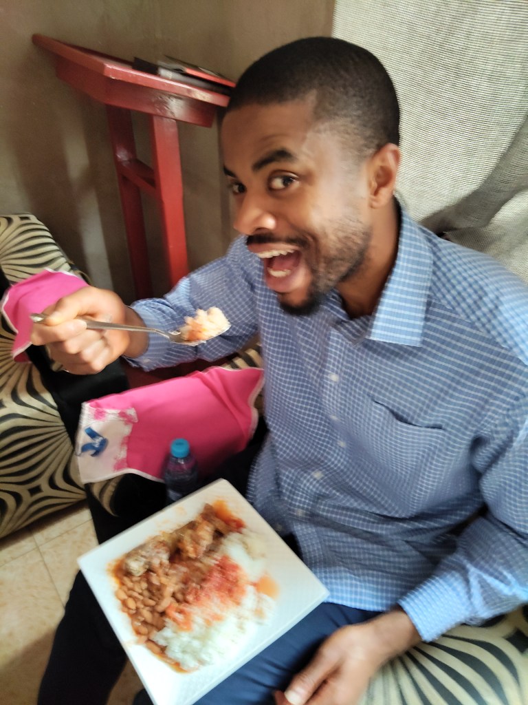 Ike tucking into the food